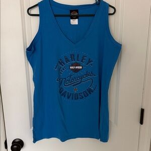 Harley-Davidson Teal-Blue V-Neck Tank with Logo Embellishment